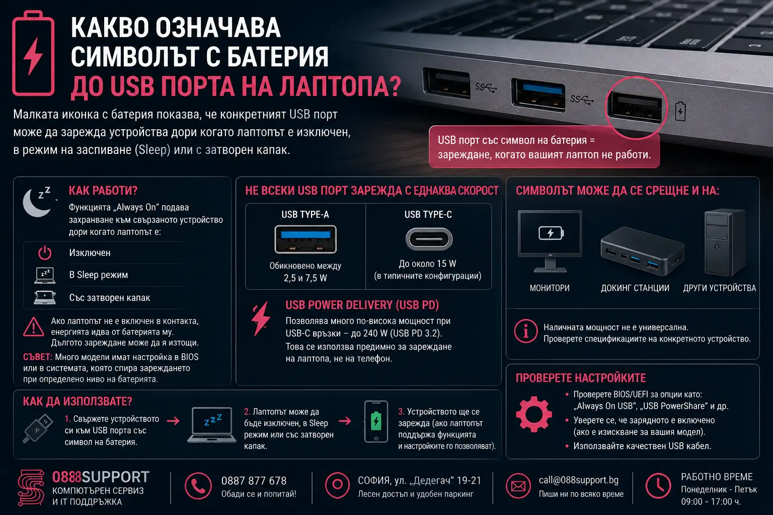 Какво означава символът с батерия до USB порта на лаптопа?