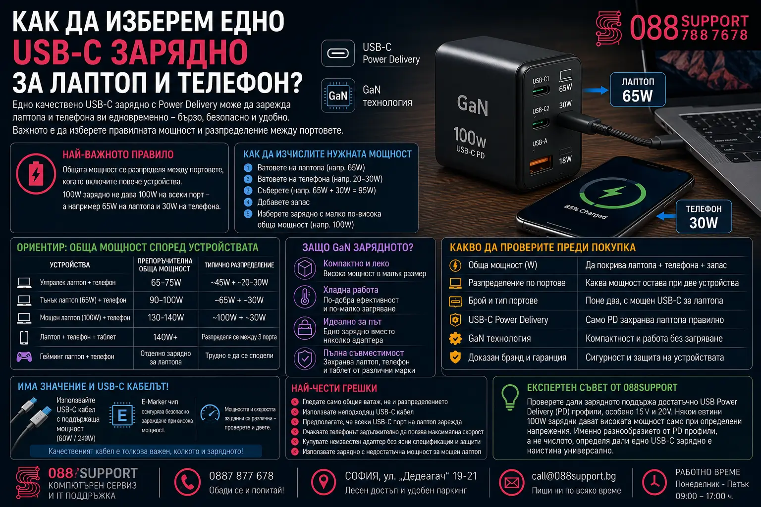 Как да изберем едно USB-C зарядно за лаптоп и телефон? Практическо ръководство от 088Support