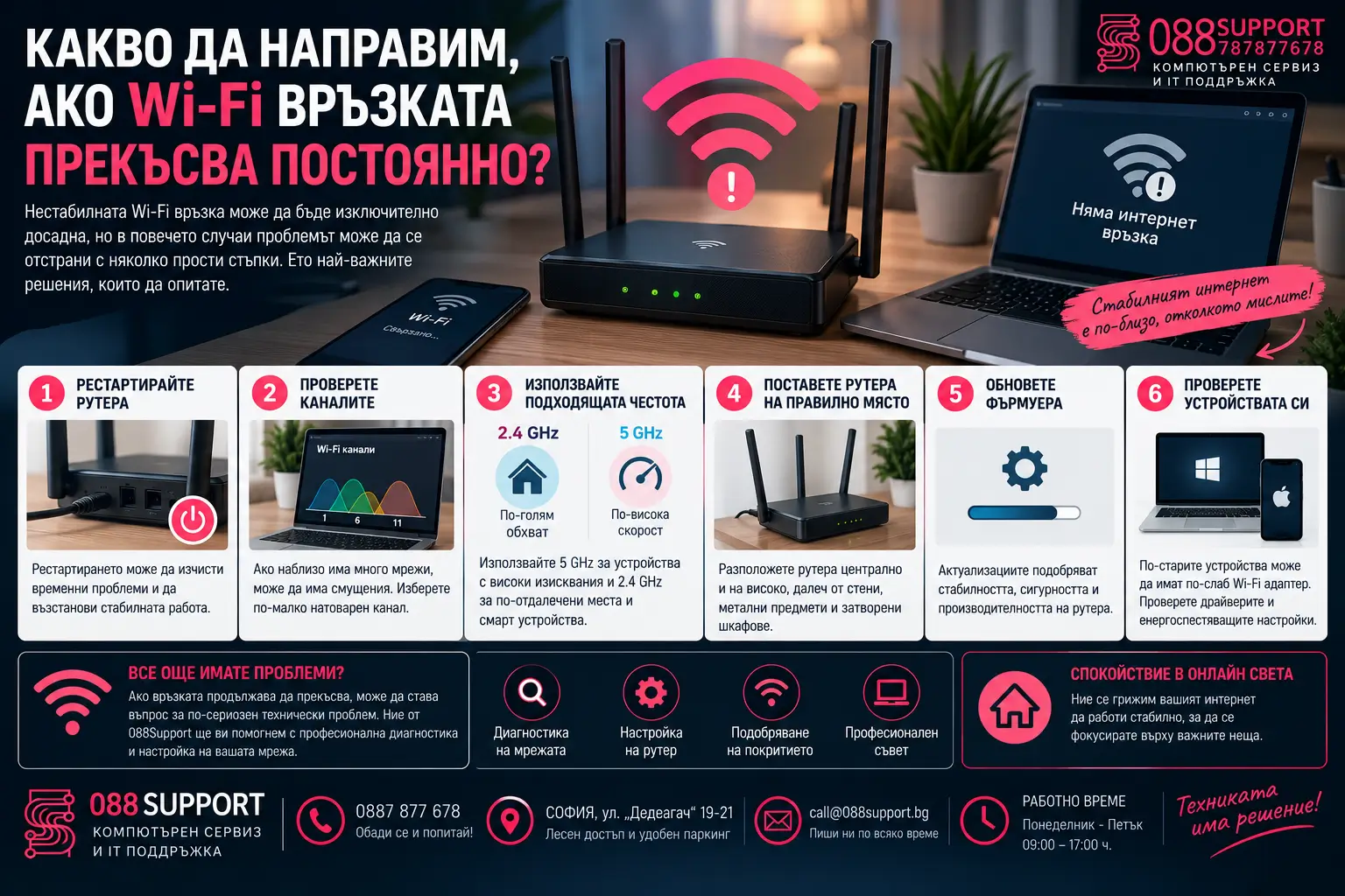 Какво да направим, ако Wi-Fi връзката прекъсва постоянно? Практическа диагностика от 088Support