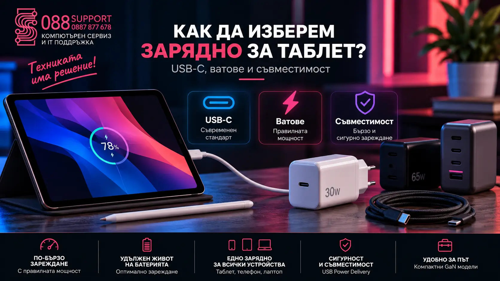 Как да изберем зарядно за таблет: USB-C, ватове, Power Delivery и съвместимост